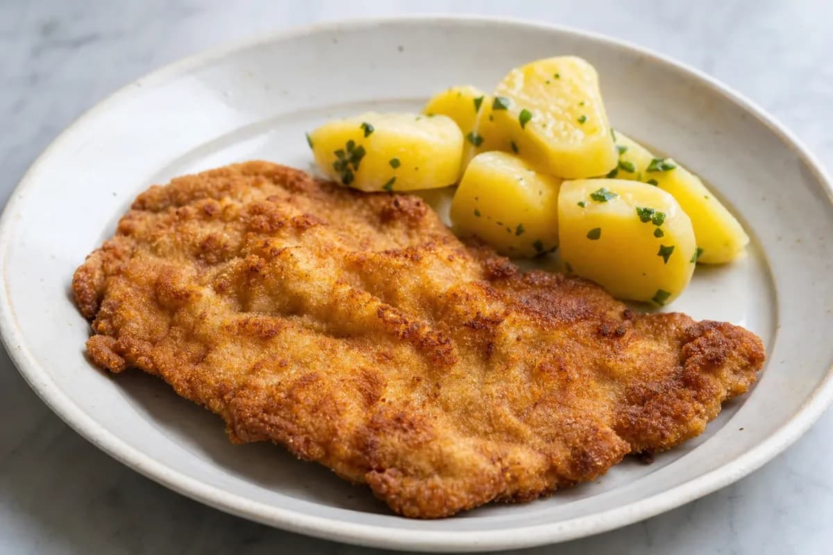 Crispy Wiener Schnitzel served with golden lemon-infused parsley potatoes.