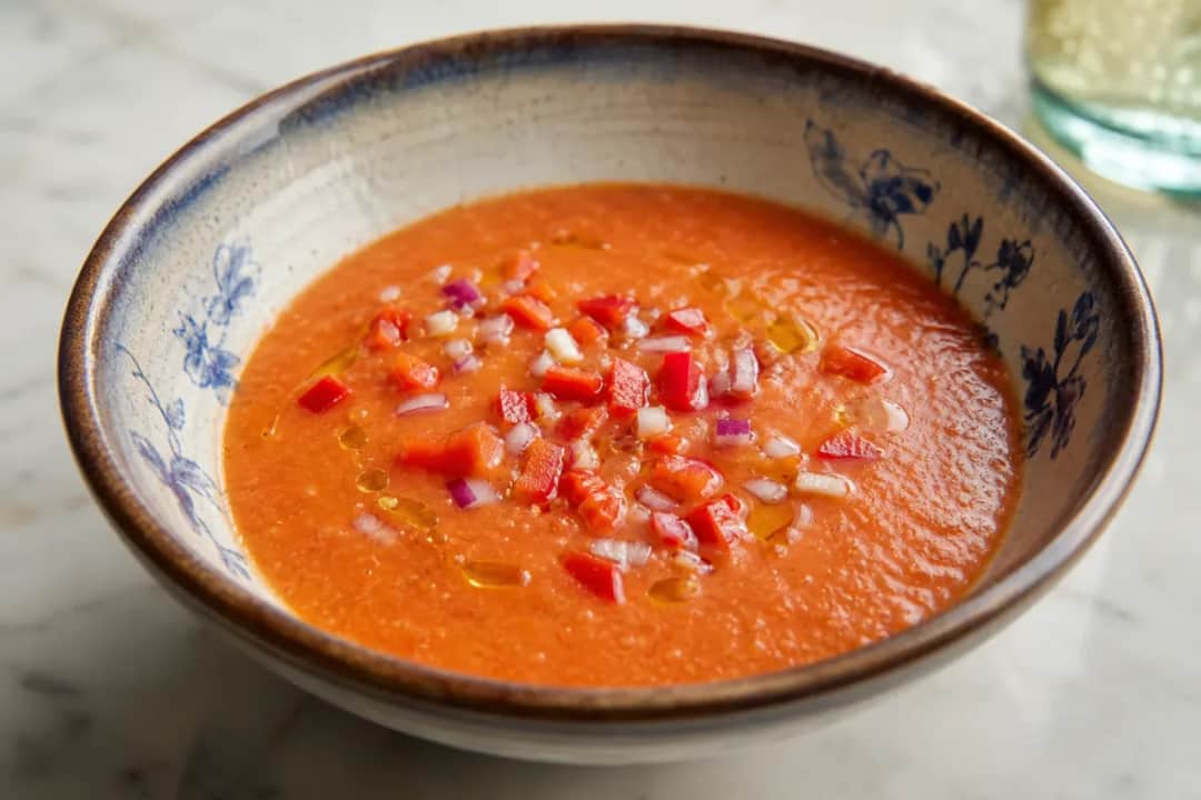 Chilled Andalusian gazpacho topped with diced vegetables and herbs in a bowl.