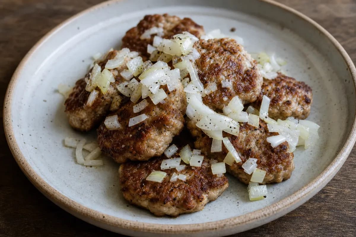 Golden-brown Danish frikadeller served with potatoes and pickled vegetables, showcasing their juicy texture.
