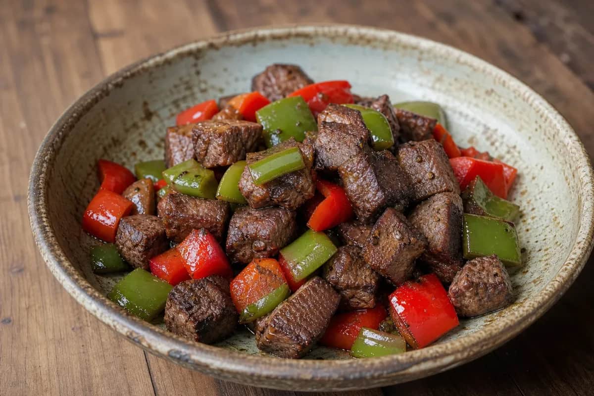 Grilled beef skewers with fresh vegetables and lime, showcasing vibrant colors and textures.
