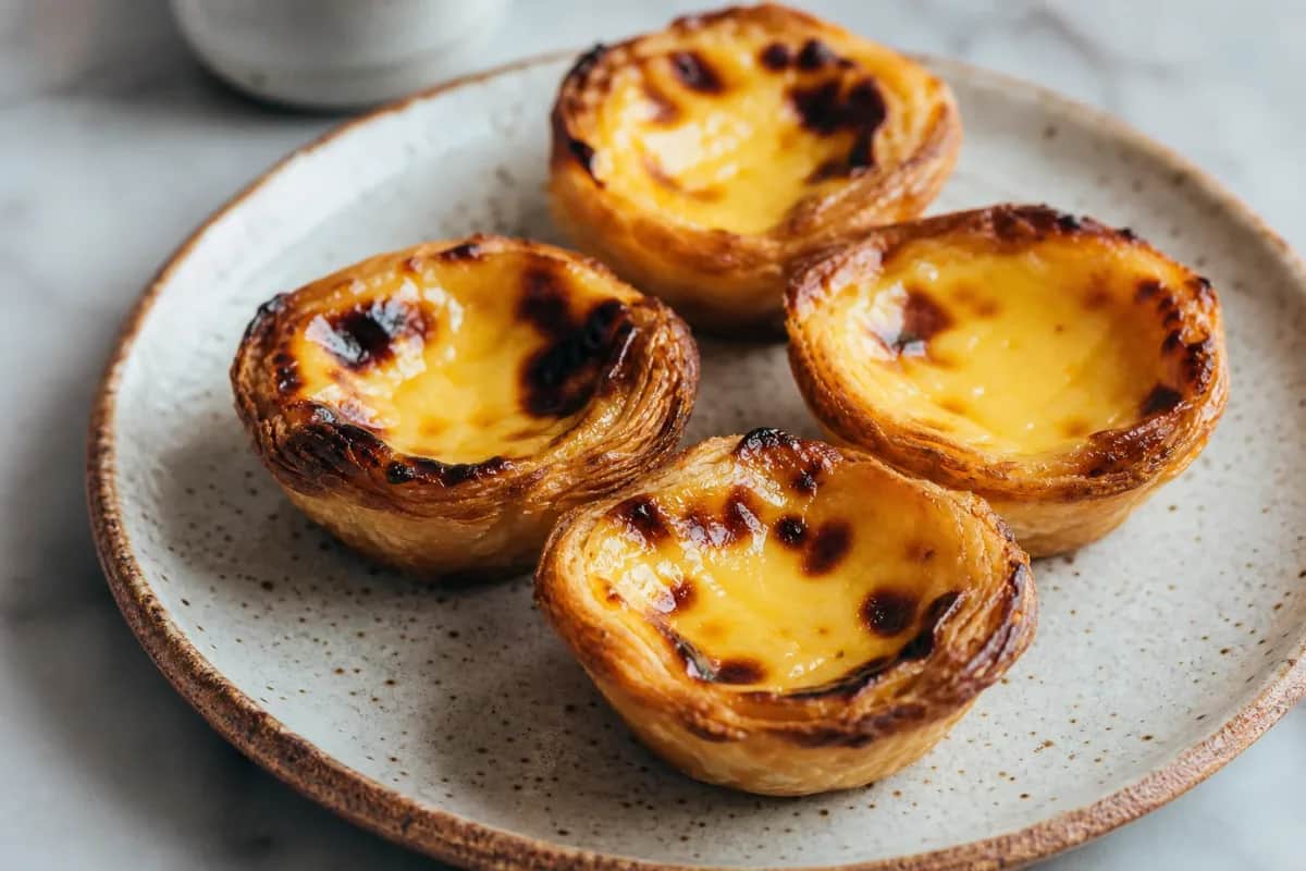 Golden-brown pastéis de nata with flaky crust, creamy custard filling, and a sprinkle of cinnamon.