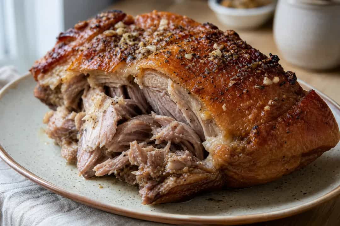 Golden brown roasted pork shoulder with crispy skin, garnished with herbs.