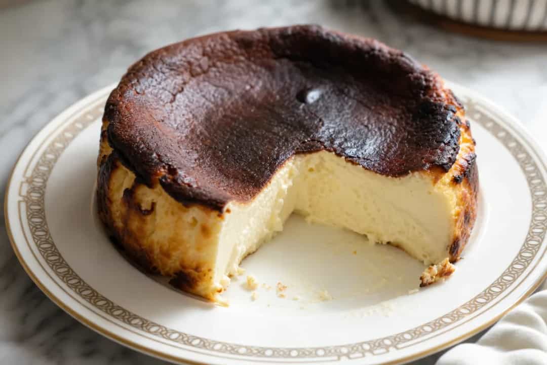 Creamy San Sebastian burnt cheesecake with a dark caramelized top on a white plate