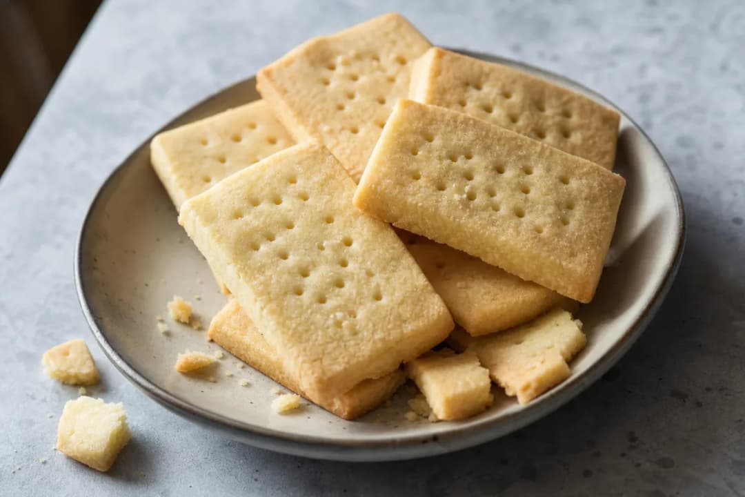 Close-up of Authentic Scottish Shortbread with Butter and Sugar Crust, showing rich texture and finishing garnish (dessert recipe)