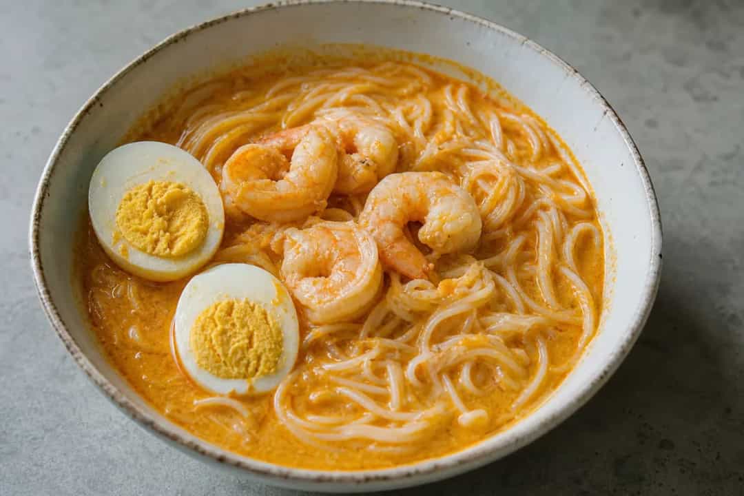 Bowl of Singapore Laksa with thick noodles, shrimp, herbs, and creamy coconut curry.