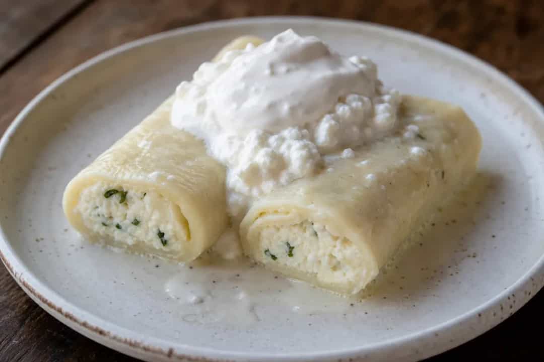Soft rolled dumplings filled with cottage cheese and herbs, garnished and sliced, served on a plate.
