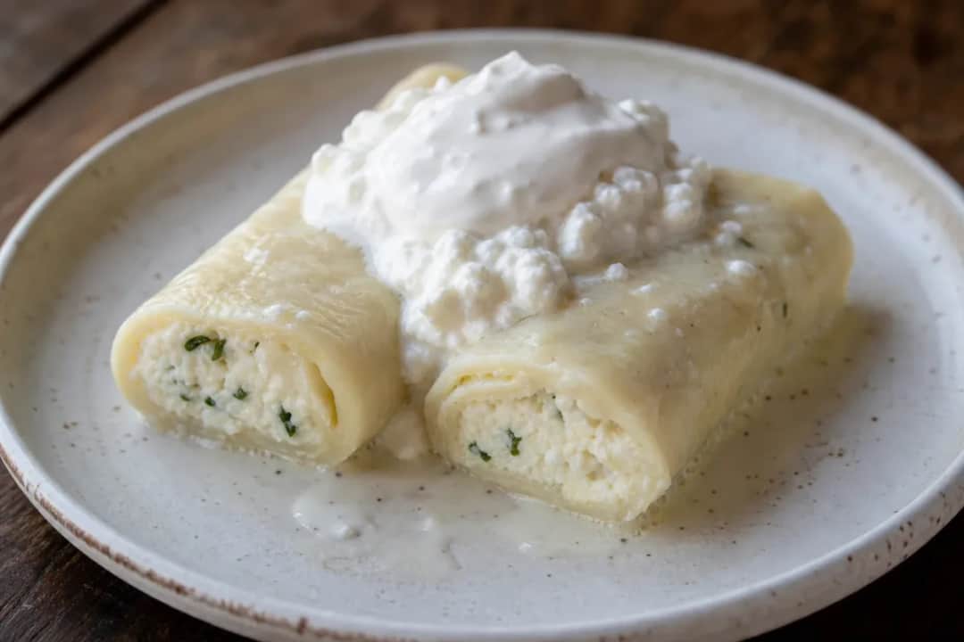 Soft rolled dumplings filled with cottage cheese and herbs, garnished and sliced, served on a plate.