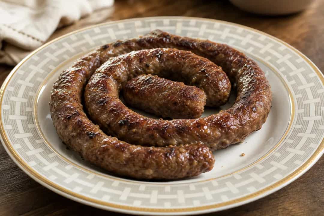 Plated South African Boerewors sausage with herbs and spices, grilled to perfection.