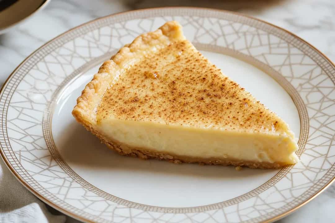 Sliced melktert with creamy custard filling, flaky crust, and cinnamon on top.