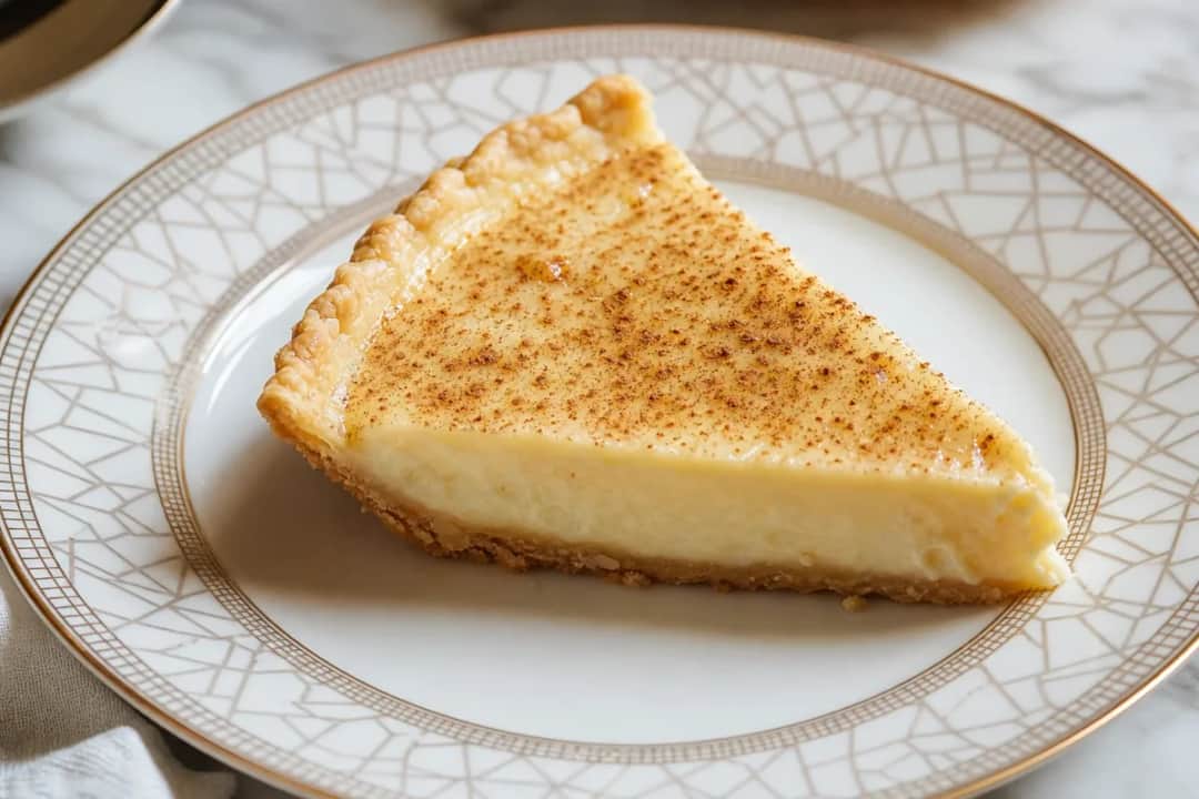 Sliced melktert with creamy custard filling, flaky crust, and cinnamon on top.
