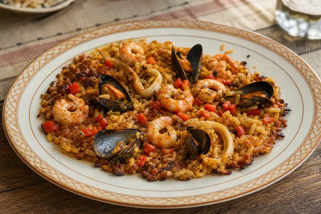 Plated seafood paella featuring shrimp, mussels, and a crispy golden base