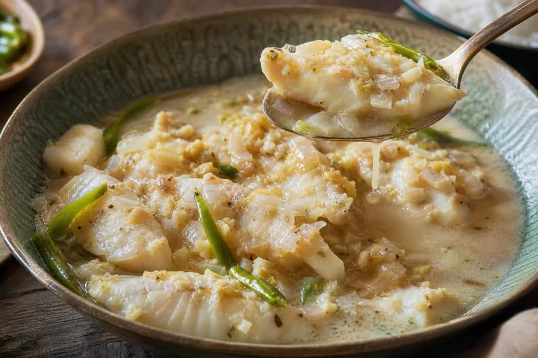 Plated Sri Lankan fish curry with tender fish in creamy coconut sauce and fresh herbs