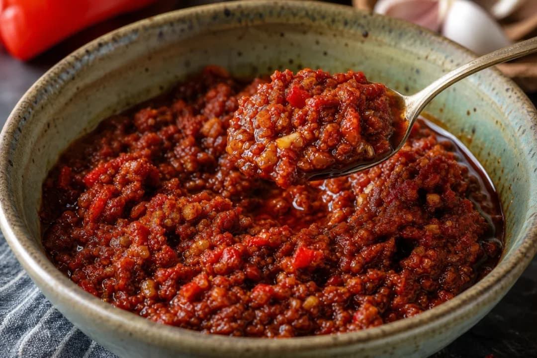 A small bowl of vibrant red harissa paste, garnished with olive oil and spices.