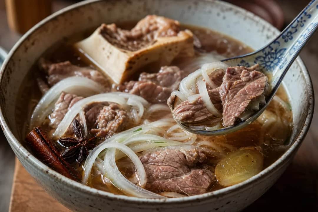 Bowl of Vietnamese beef pho topped with fresh herbs, lime, and sliced beef.