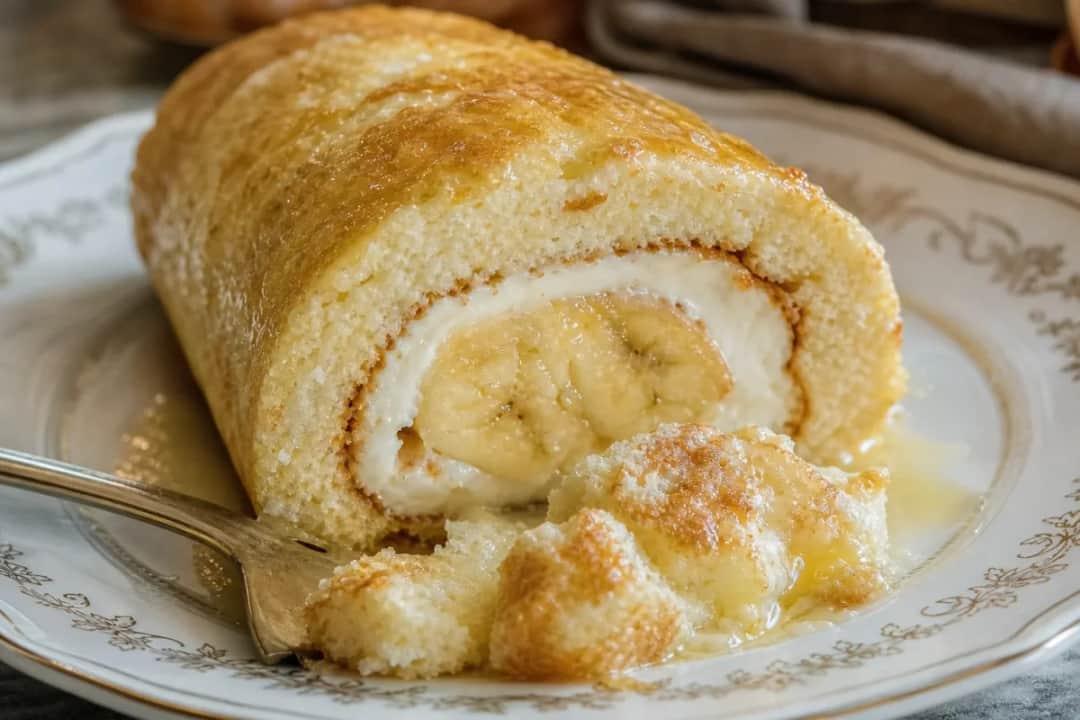 Sliced banana swiss roll cake filled with vanilla cream and fresh banana slices, dusted with powdered sugar.