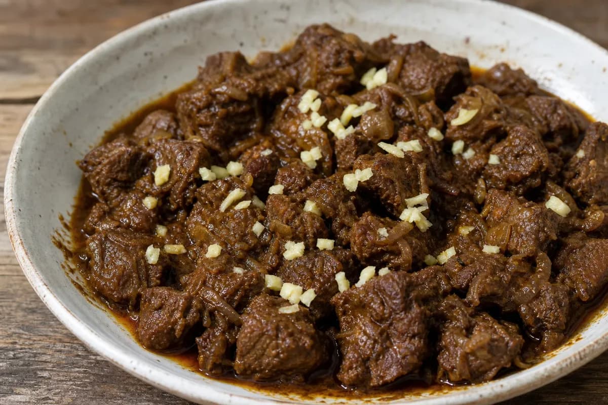 A bowl of beef kala bhuna with rich, dark sauce garnished with spices and herbs.