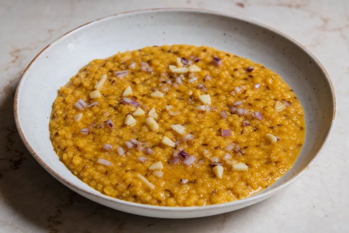 A bowl of Dal showcasing creamy red lentils with garlic and cumin, garnished with fresh cilantro.