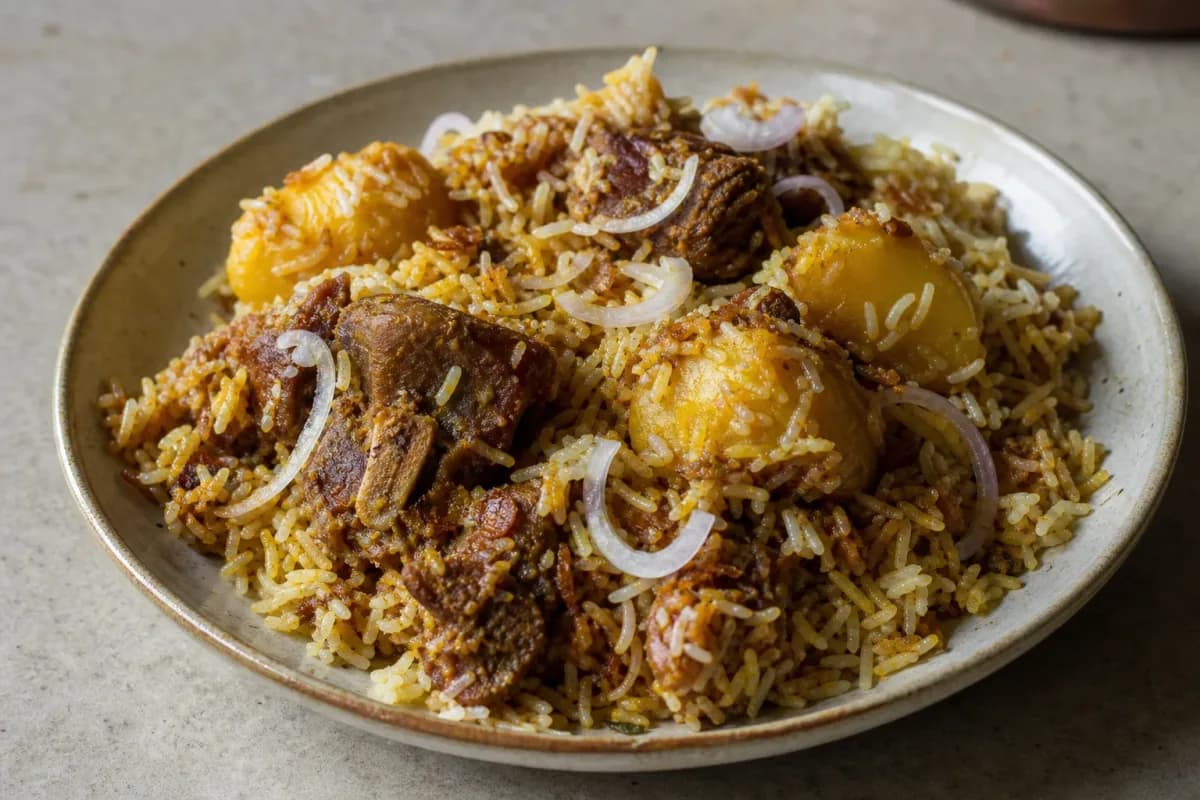 Layered biryani with tender mutton, saffron-infused rice, and golden potatoes garnished with herbs.