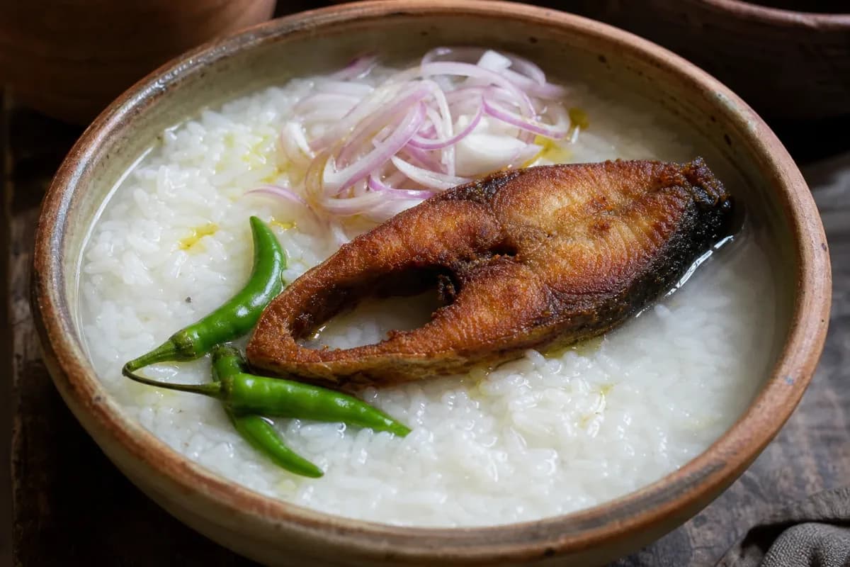 Bowl of Panta Bhat with fried Hilsa fish, garnished with green chilies and onions, showcasing vibrant colors and textures.