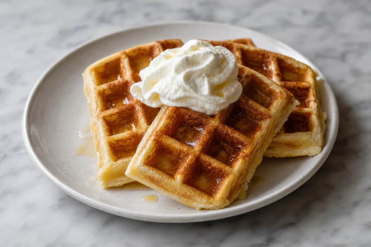 Fluffy Belgian waffles topped with mixed berries and a dollop of whipped cream on a white plate.