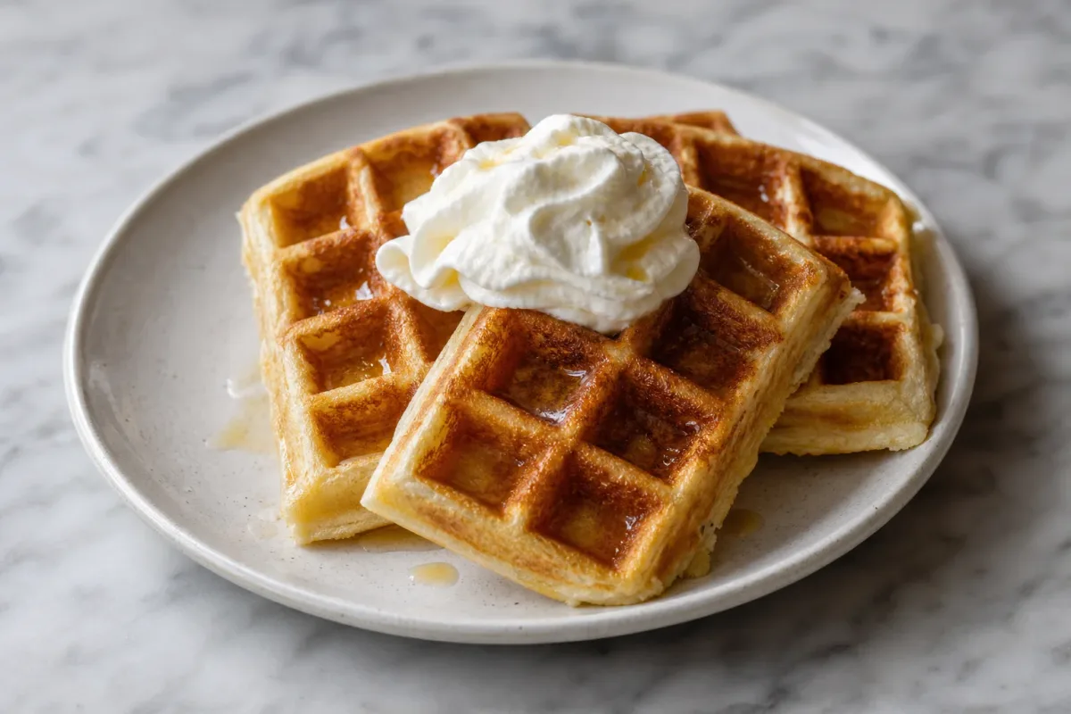 Fluffy Belgian waffles topped with mixed berries and a dollop of whipped cream on a white plate.