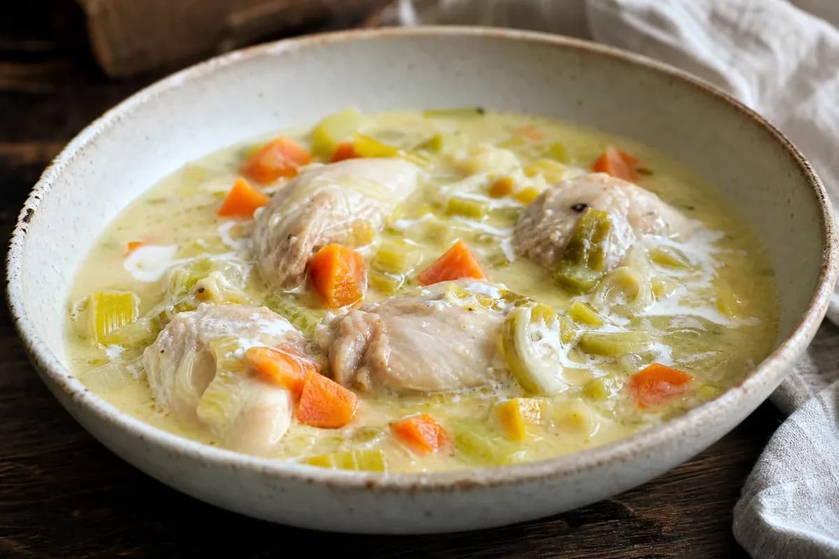 Creamy Belgian chicken waterzooi garnished with herbs and vegetables in a bowl.