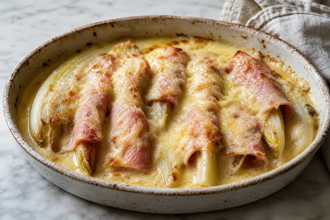 Golden-brown Belgian endive gratin topped with melted cheese and ham slices.
