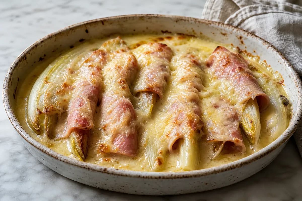 Golden-brown Belgian endive gratin topped with melted cheese and ham slices.