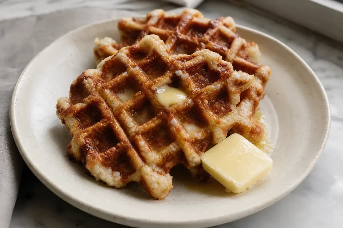 Golden-brown Belgian Liège waffles topped with pearl sugar and served on a plate.