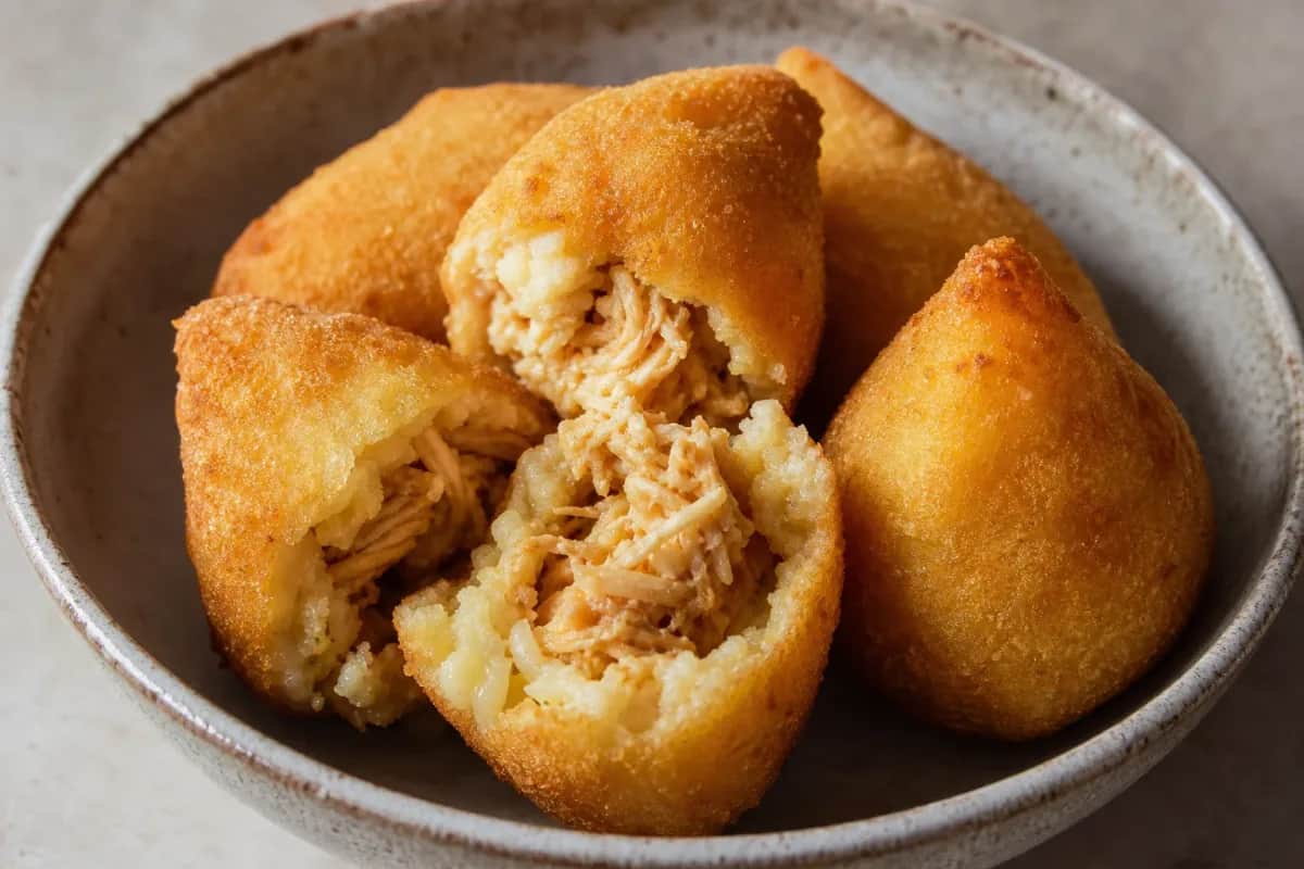 Crispy golden-brown coxinhas filled with shredded chicken, garnished with fresh herbs on a white plate.