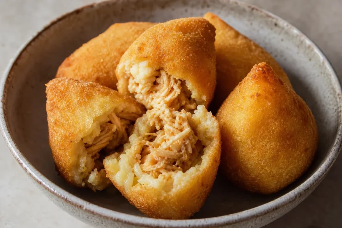Crispy golden-brown coxinhas filled with shredded chicken, garnished with fresh herbs on a white plate.