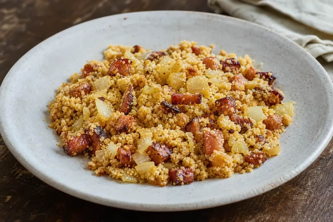 Golden brown farofa sprinkled with crispy bacon and sautéed onions on a white plate.