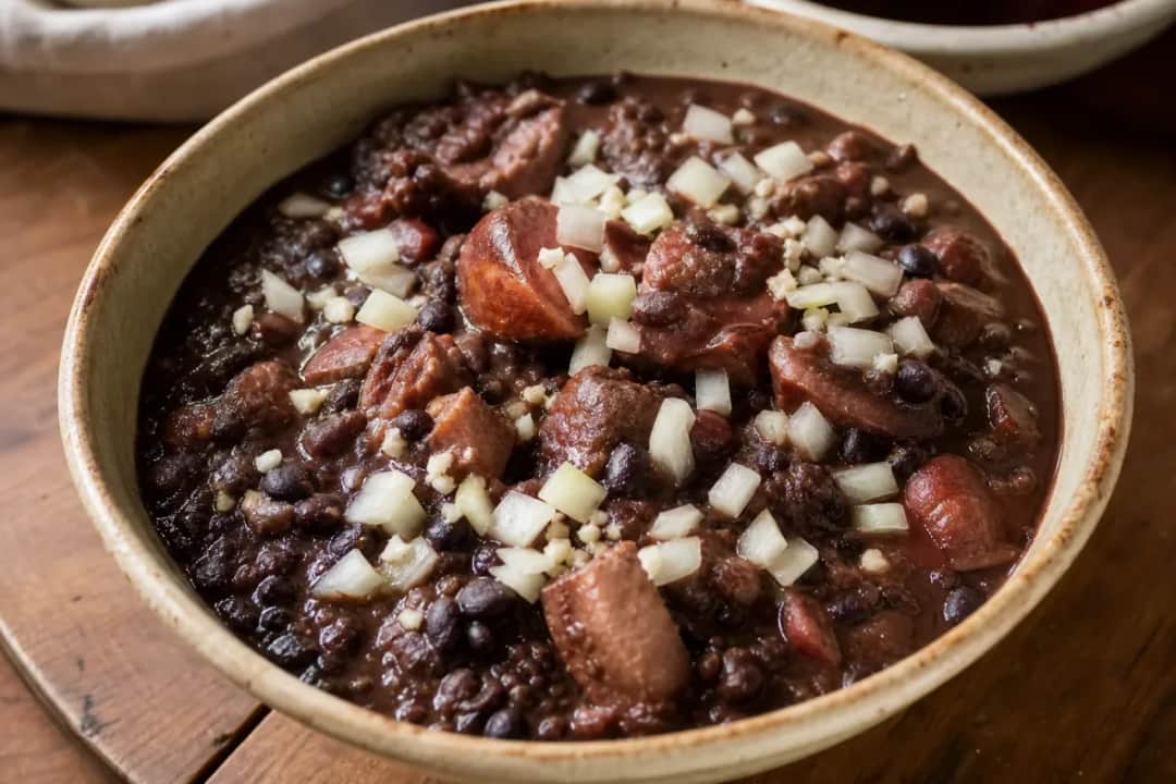 A hearty bowl of feijoada with black beans, pork, and sausage, garnished with orange slices and fresh herbs.