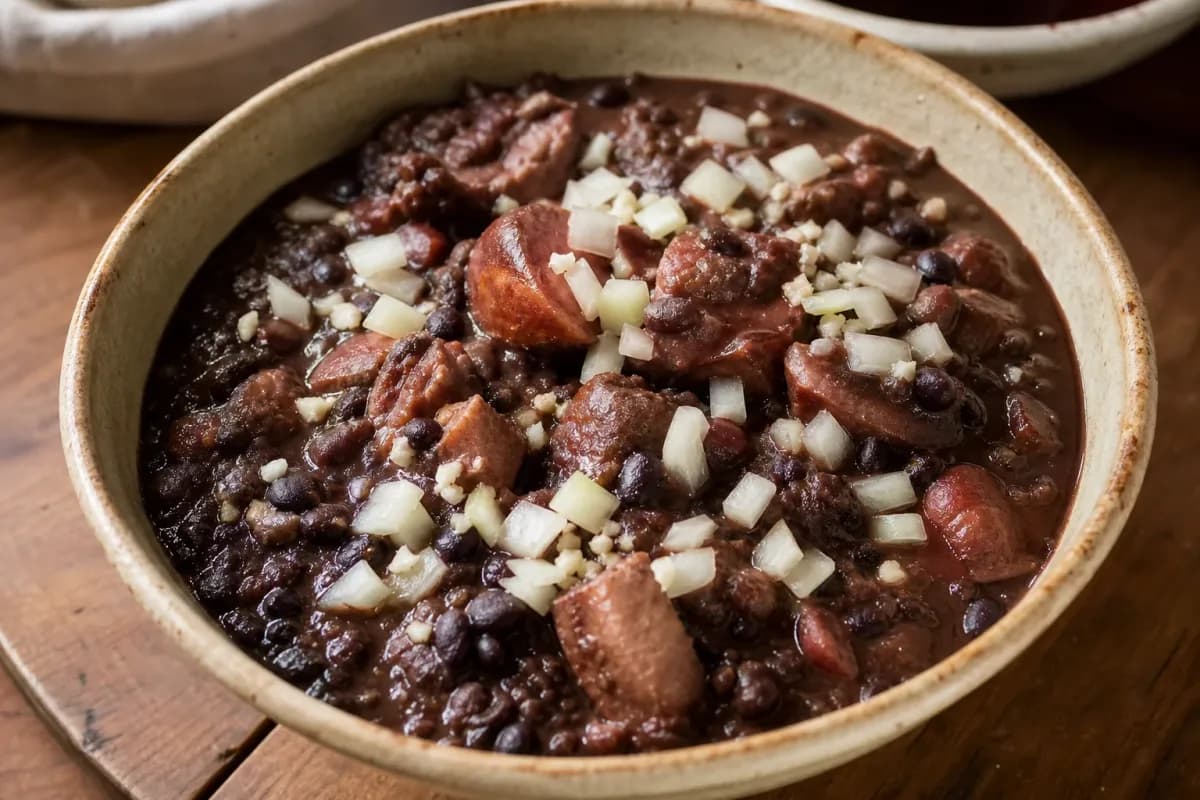 A hearty bowl of feijoada with black beans, pork, and sausage, garnished with orange slices and fresh herbs.