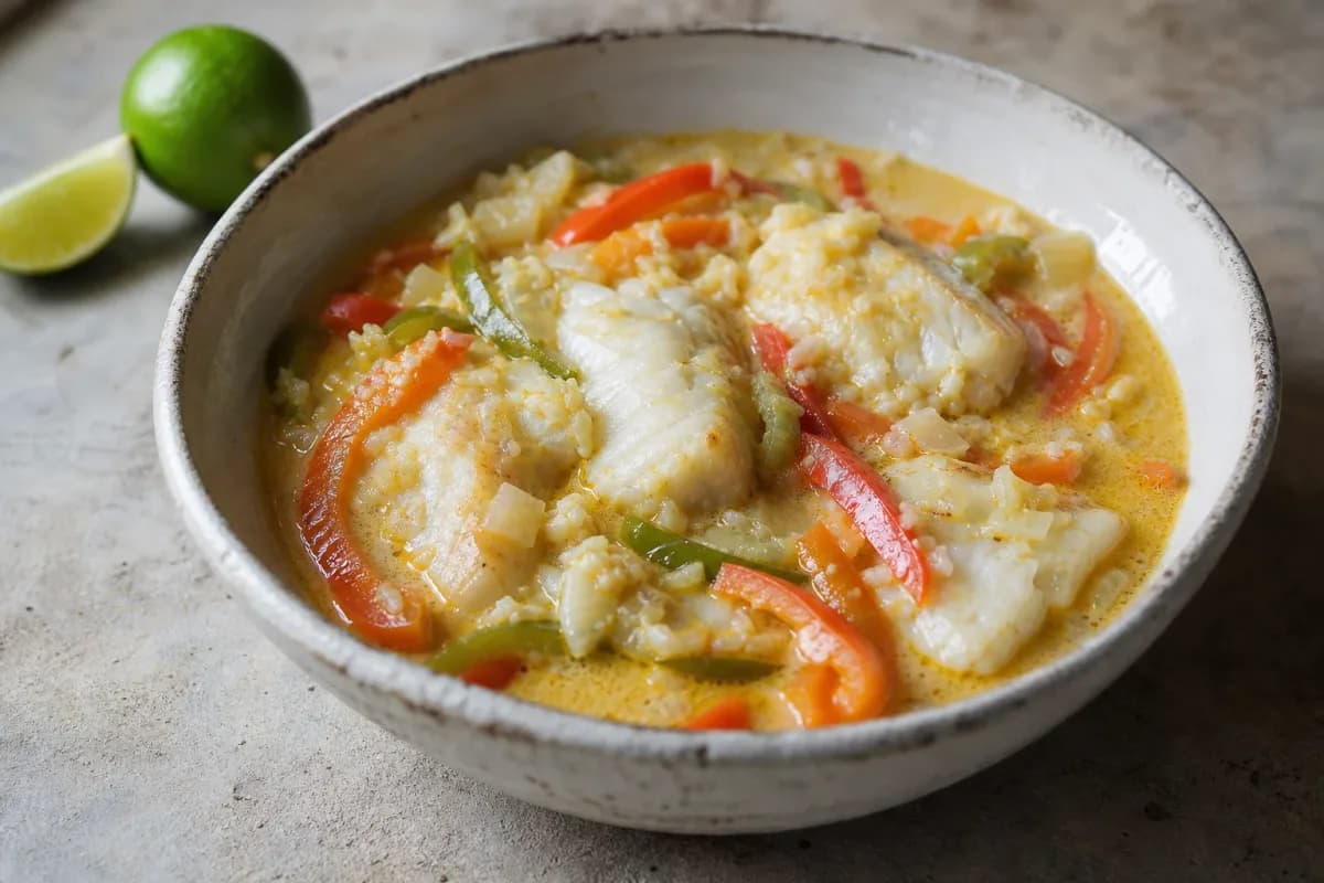 A colorful Brazilian Moqueca featuring fish, coconut milk, and vibrant bell peppers, served in a rustic bowl.