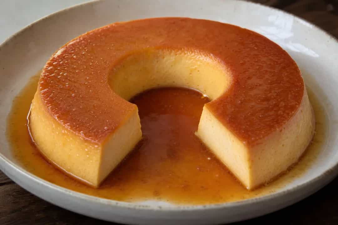 Smooth and creamy caramel flan topped with golden caramel sauce, served in a round dish.