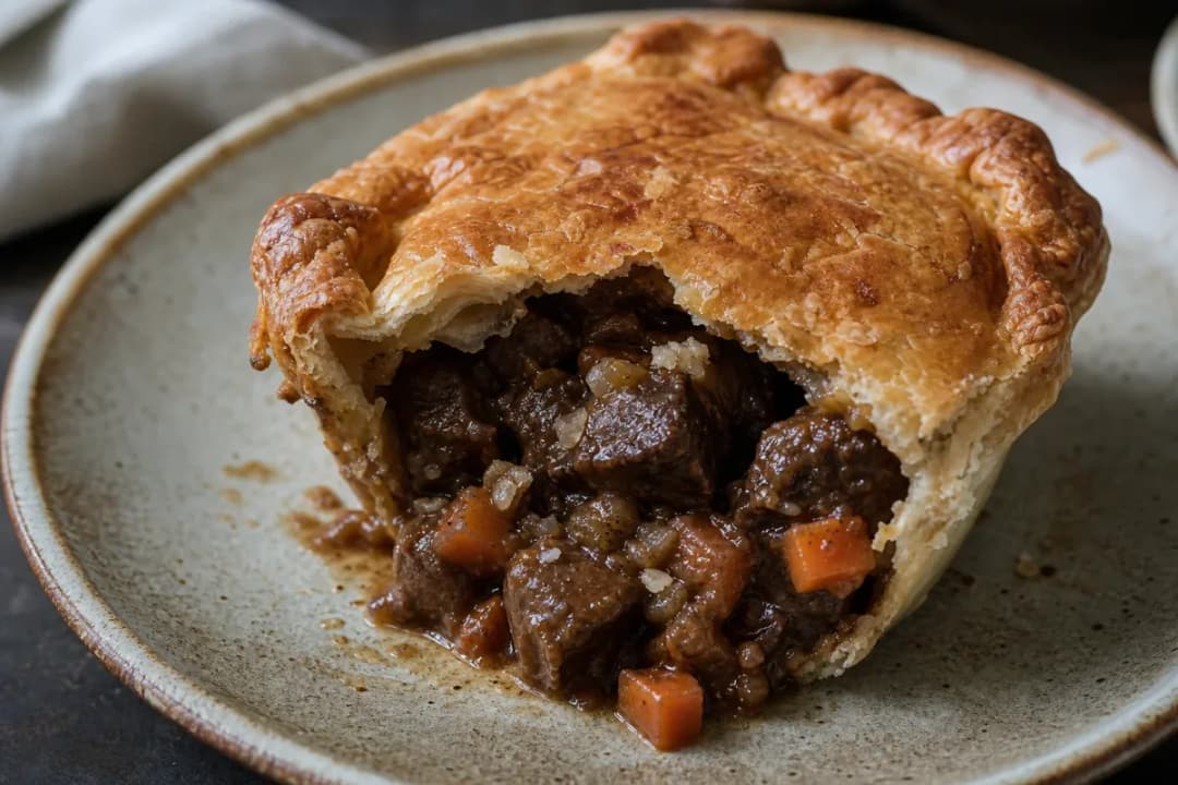 Close-up of British Beef and Ale Pie with Flaky Pastry Crust, showing rich texture and finishing garnish (dinner recipe)