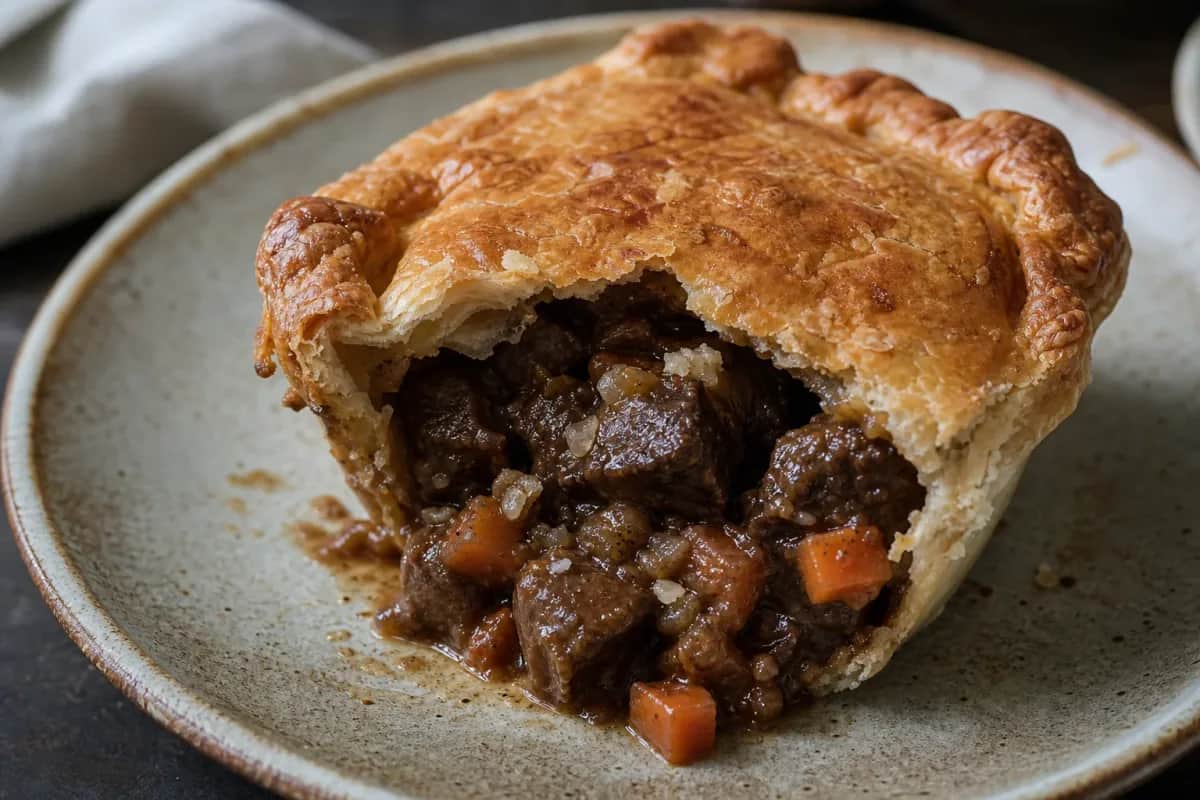 Golden flaky pastry pie filled with tender beef and rich ale gravy, garnished with herbs.