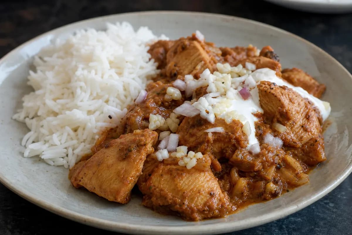 A vibrant plate of chicken tikka masala with basmati rice garnished with cilantro and spices.