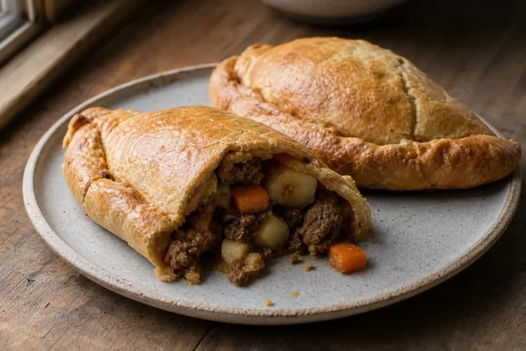 Golden brown Cornish pasties filled with beef, potatoes, and carrots, served on a rustic plate.