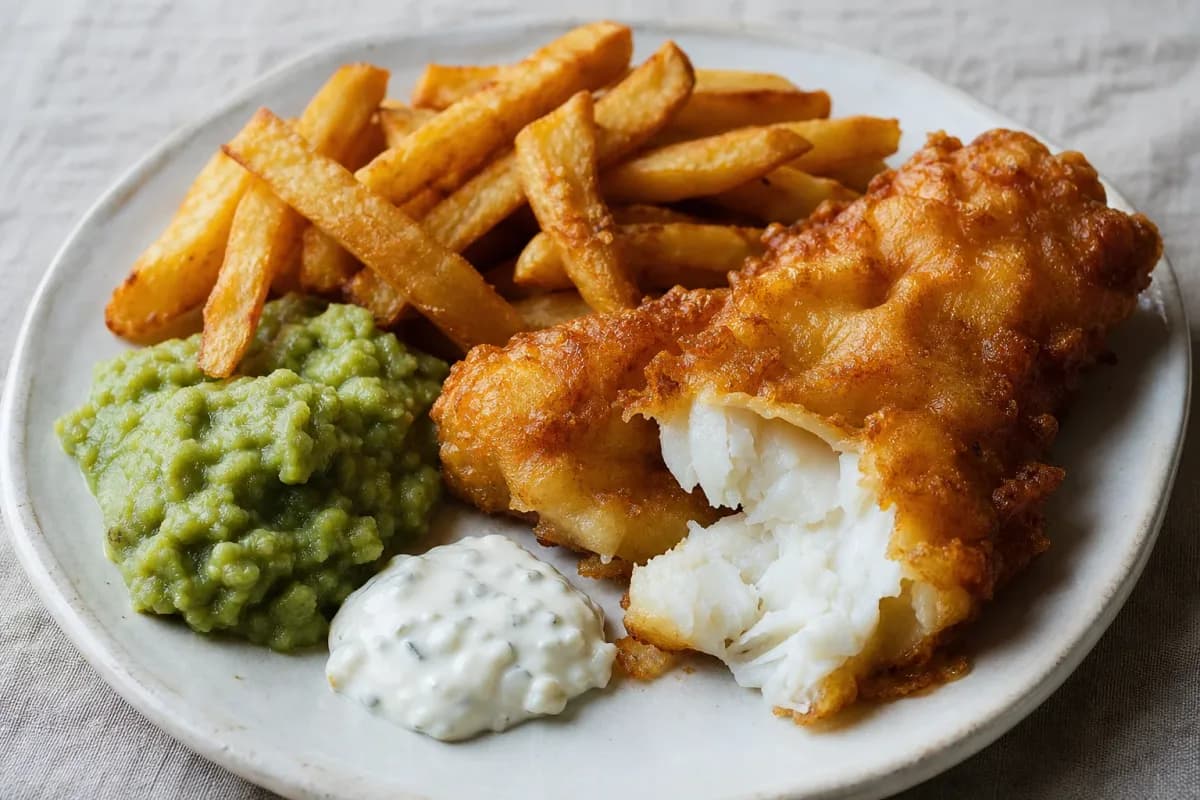 Crispy battered fish, golden fries, and vibrant mushy peas on a plate.