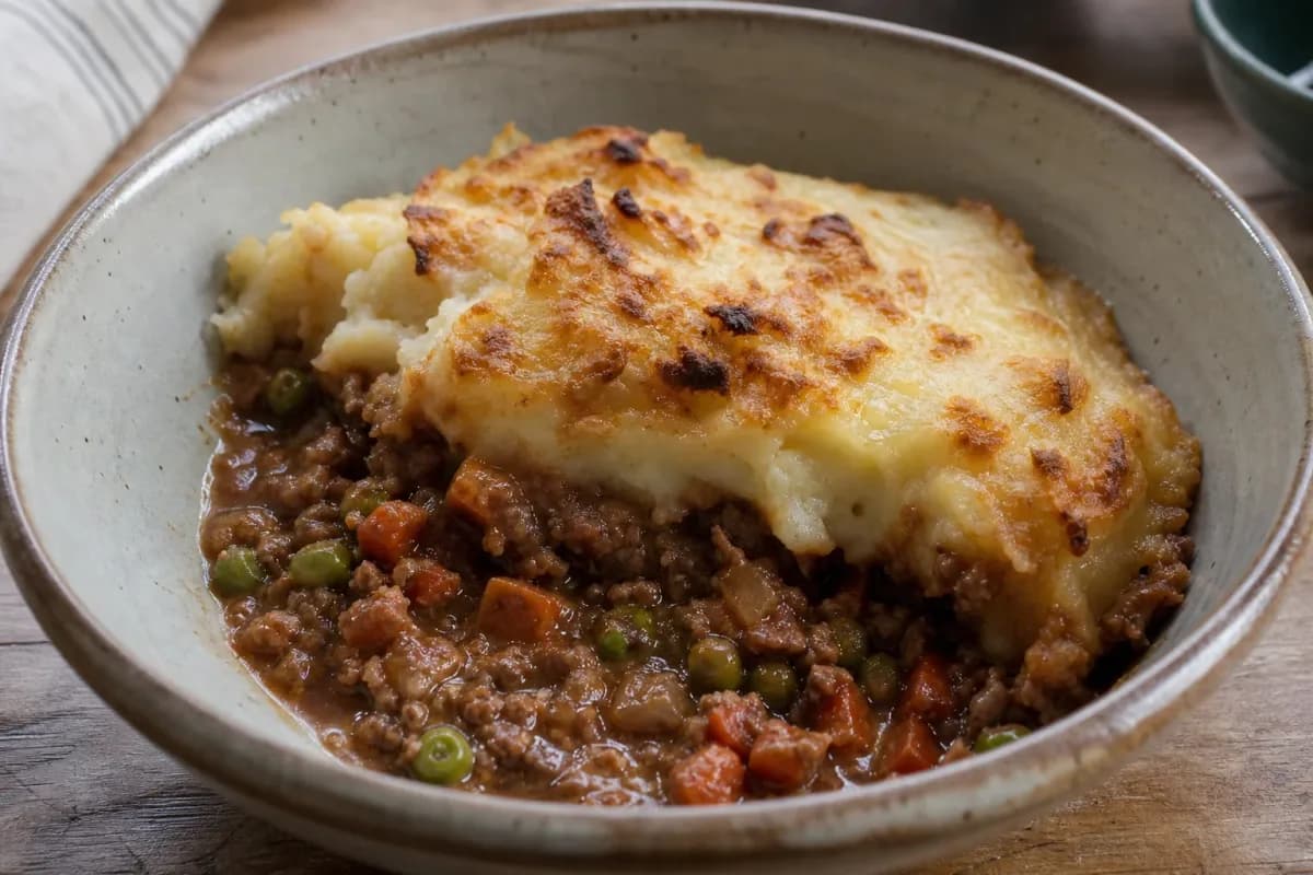 Hearty shepherd's pie topped with golden mashed potatoes, garnished with herbs.