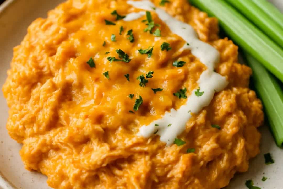 Creamy buffalo chicken dip topped with melted cheddar and garnished with green onions, served in a bowl.