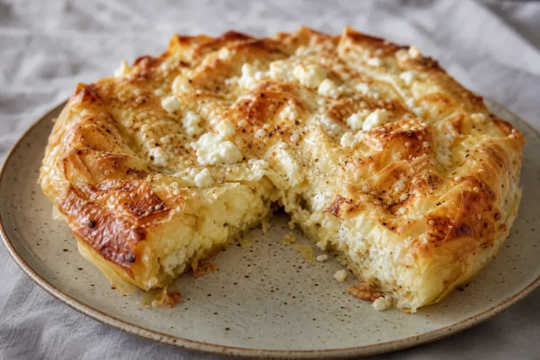 Golden brown banitsa slices with flaky phyllo, feta, and egg filling on a white plate.