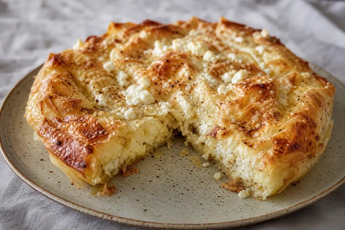Golden brown banitsa slices with flaky phyllo, feta, and egg filling on a white plate.