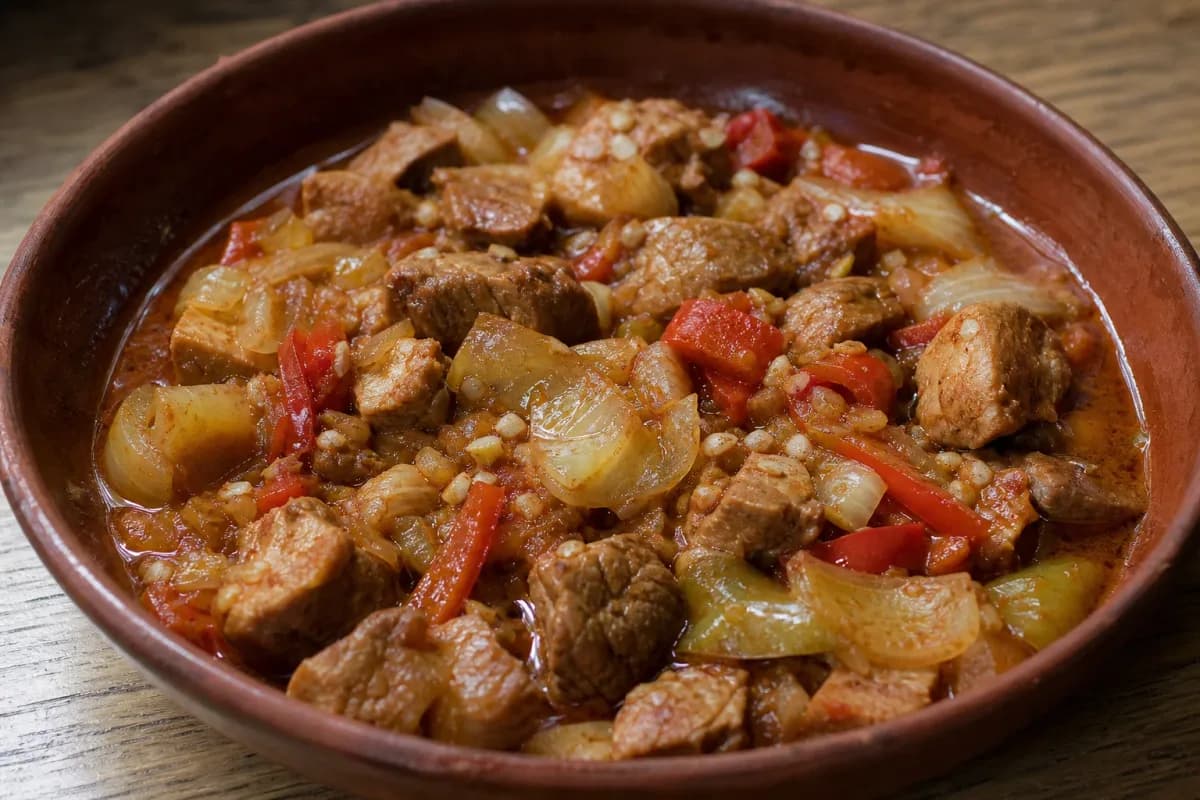 A bowl of Bulgarian Kavarma with tender pork, colorful peppers, and onions, garnished with herbs.