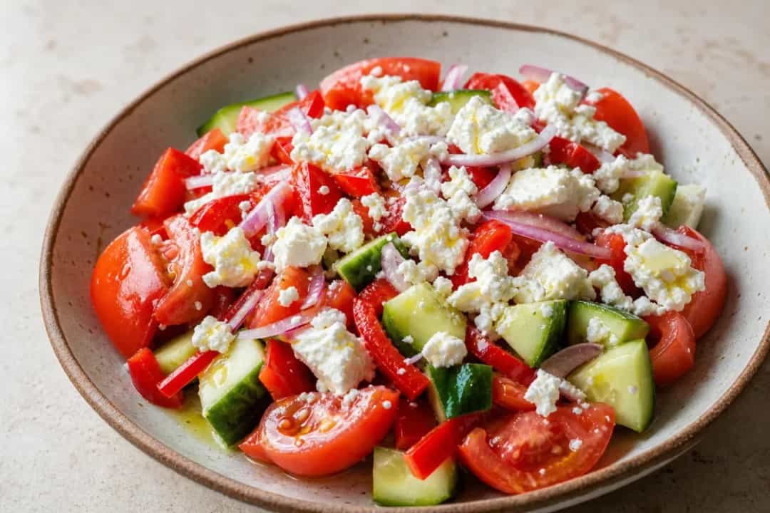 Plated Shopska salad featuring vibrant tomatoes, cucumbers, and crumbled sirene cheese garnished with parsley.