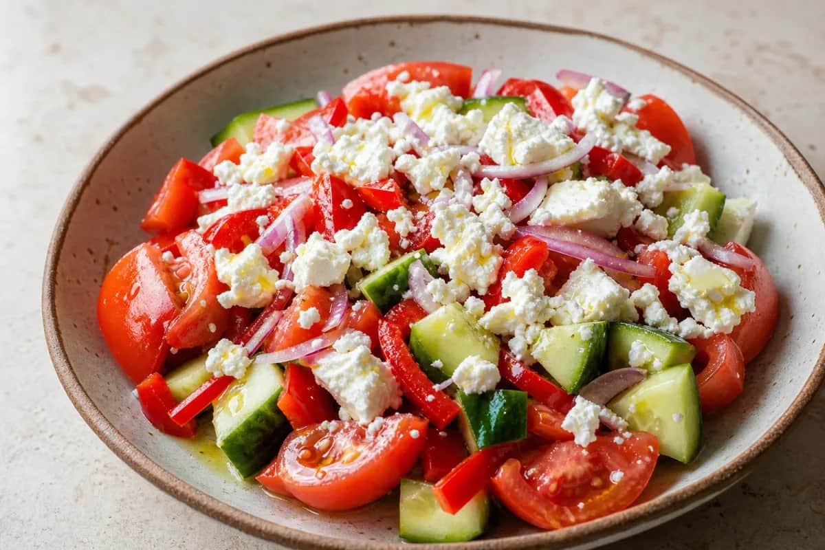 Plated Shopska salad featuring vibrant tomatoes, cucumbers, and crumbled sirene cheese garnished with parsley.