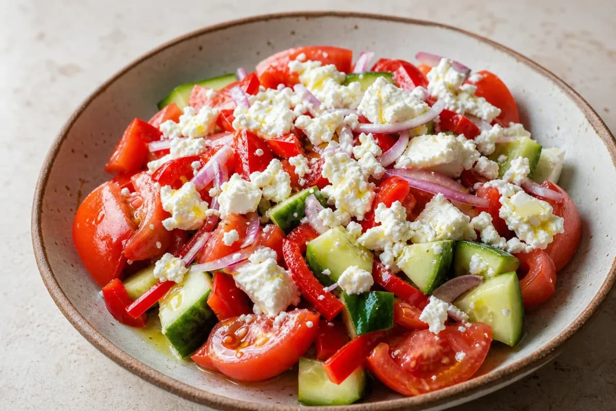 Plated Shopska salad featuring vibrant tomatoes, cucumbers, and crumbled sirene cheese garnished with parsley.
