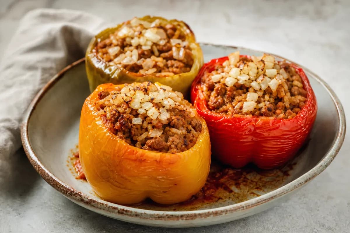 Plated stuffed peppers with a rich beef and rice filling, garnished with herbs.